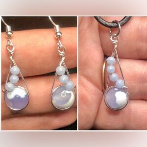 Wire Wrapped Blue Fire Agate Pendant Necklace w/Matching Earrings Handmade OOAK